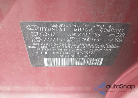 2013 Hyundai Elantra Limited from USA, damaged, VIN KMHDH4AE7DU675172